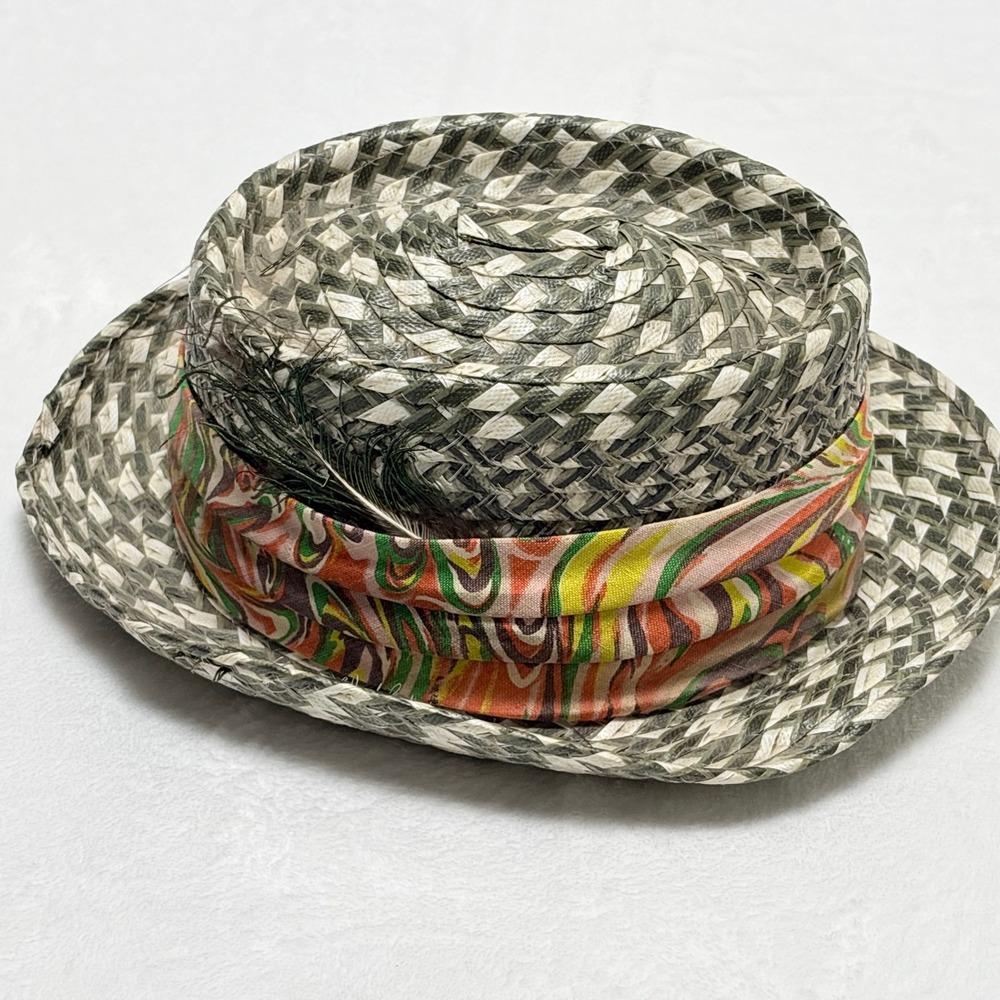 Twee Indie Dark Academia Straw Pork Pie Hat Patterned Band & Feather⁠ Size 7